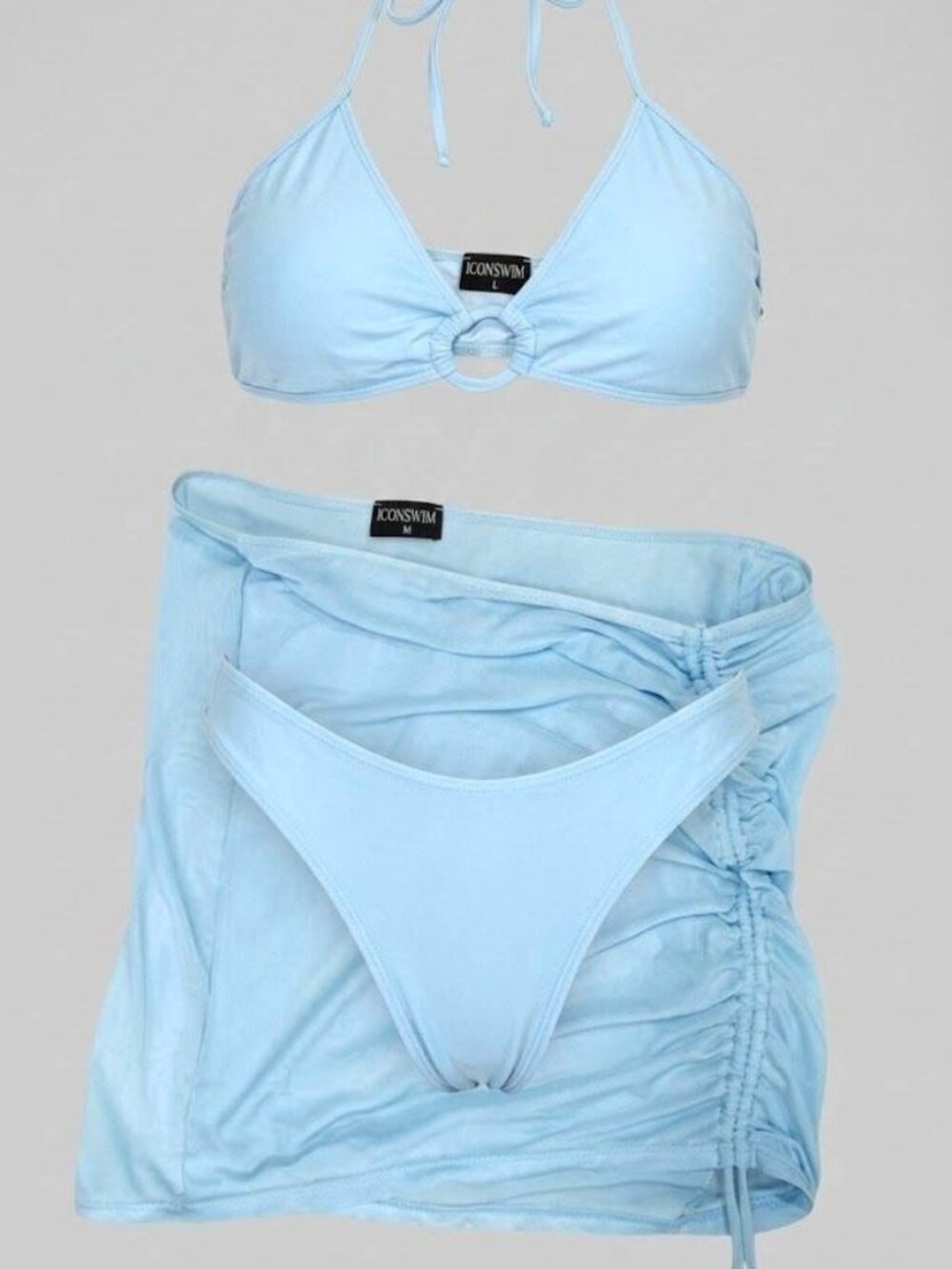 Icon Swim Light Blue Bikini Set With Ruched Cover Up Skirt & Halter Top Size S